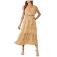 thumbnail image 1 of Robe à Manches Courtes pour Femmes Robes pour Femmes à Manches Courtes Col en V à Volants Robe Midi à Imprimé Floral avec Ceinture, 1 of 7