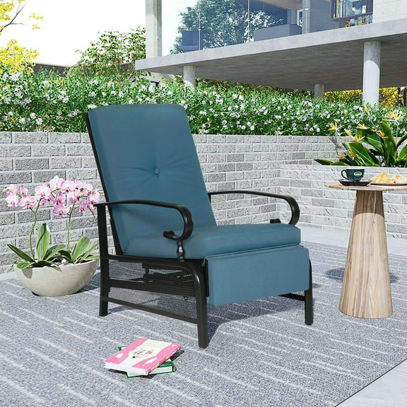 SUNCROWN Outdoor Patio Recliner Metal Adjustable Lounge Chair with Thick Cushion, Peacock Blue