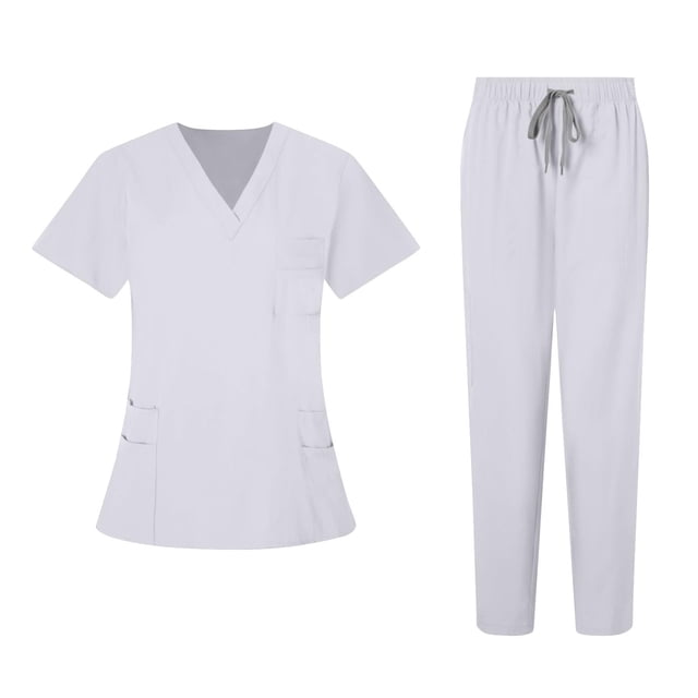 Timegard Work Outfits for Women 2 Piece V Neck Short Sleeve Tops Fitting Pants Solid Color Outfits