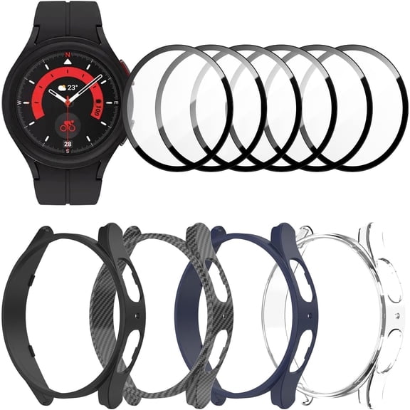 [4 6 Pack] SWT123 for Samsung Galaxy Watch 5 Pro 45mm Screen Protector and Case, 4 Packs Hard PC Frame Cover with 6 Sets Tempered Glass Protective Film for Galaxy Watch 5 Pro 45mm