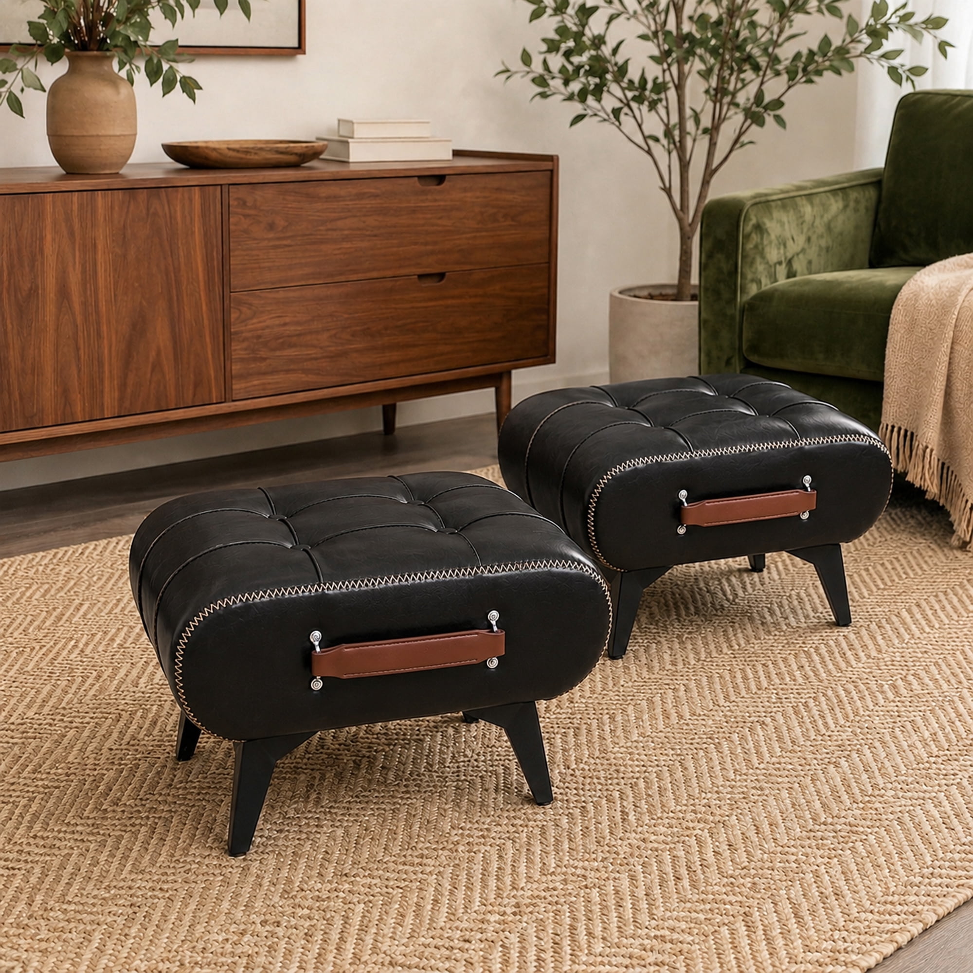 Leumius Modern Leather Stool with Hidden Storage,Portable Handles & Metal Legs,Square Footrest for Living Room,Black
