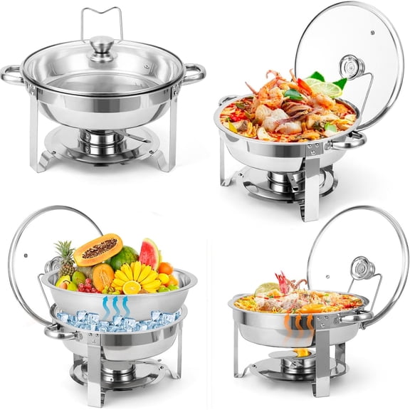 Chafing Dish Buffet Set,5 Qt Stainless Steel Chafers with Lid Holder & Glass Lid,Round Catering Warmer Server for Weddings Parties Banquets,2 Packs/4 Packs