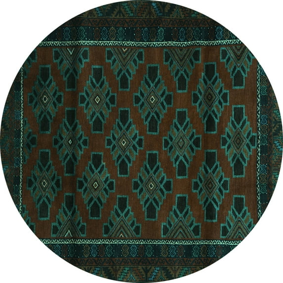 Ahgly Company Machine Washable Indoor Round Southwestern Turquoise Blue Country Area Rugs, 5' Round