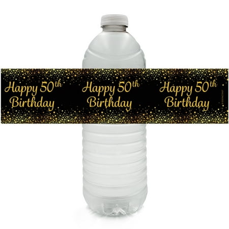 50th Birthday Water Bottle Labels, 24 ct - Adult Birthday Party Supplies Black and Gold 50th Birthday Party Decorations Favors - 24 Count Sticker Labels
