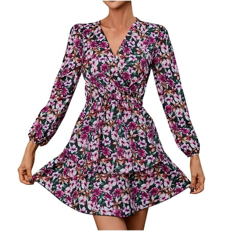 

2022 Fashion Womens Sexy Loosing Floral Printing Shoulder Long Sleeve V-Neck Surplice Regular Dress Women Tops