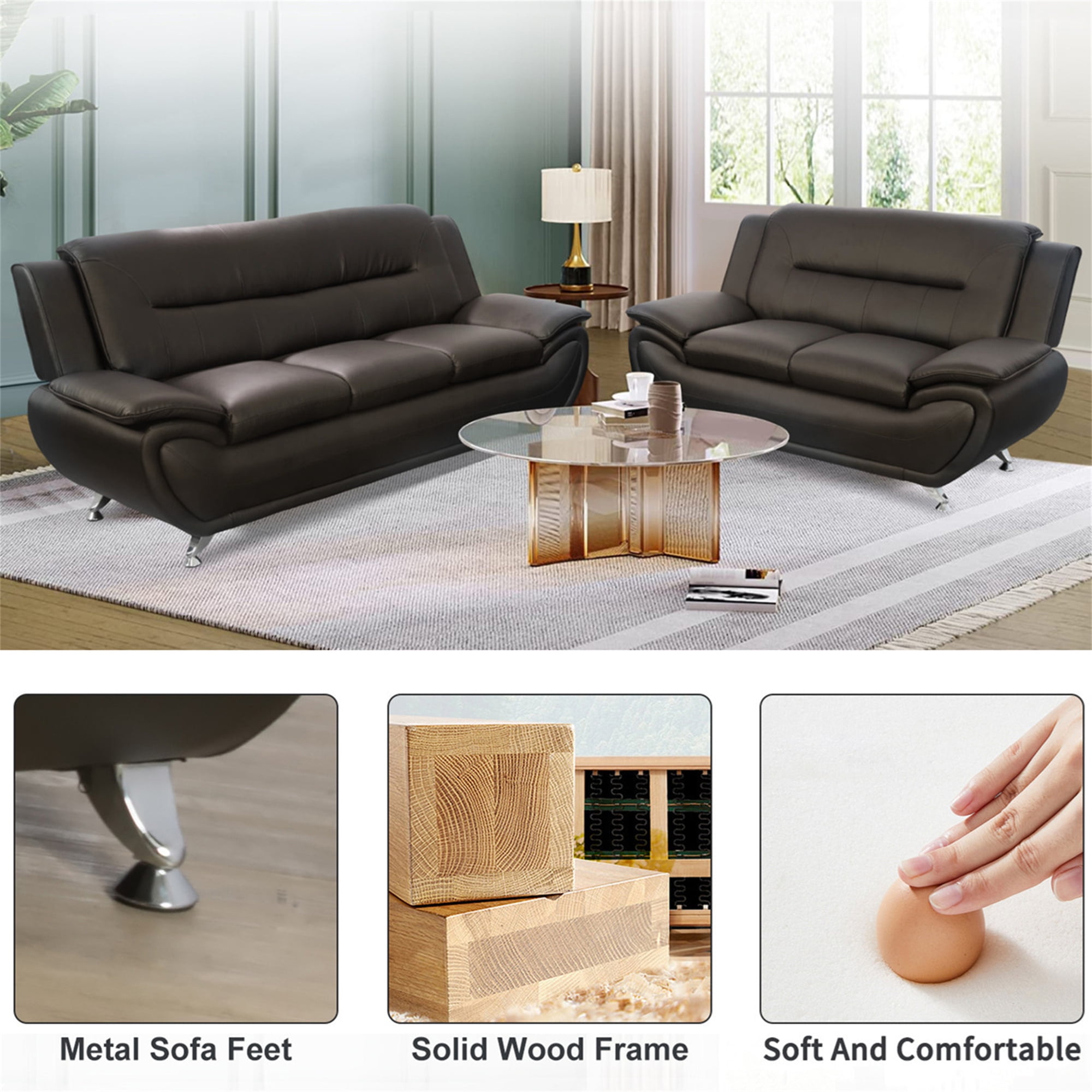 Aukfa 3 Piece Sofa Set - 46" Wide Upholstered Sofa Couch Armchair, Leather, Brown