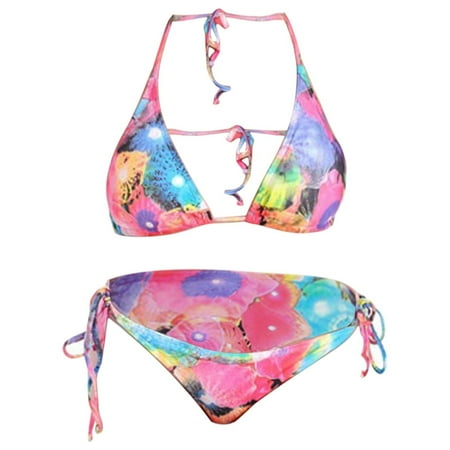 

NKOOGH Womens Bikini Sets Bikini Line Exfoliating Scrub Women s Hanging Neck Lace Up Bikini Colorful Pattern Printed Swimsuit