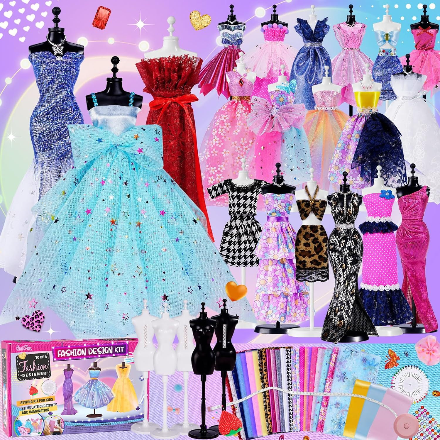 Fashion Design Kit for Girls,  DIY Sewing Craft Kit with Mannequins, Fabrics & Accessories, Create Stylish Outfits, Perfect Gift for Kids Ages 6+ To Learn Sewing & Boost Creativity