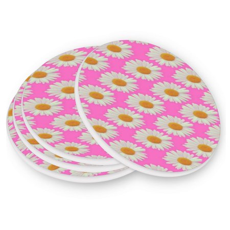 

Round Coasters Modern Style Ceramic Coaster Waterproof and Durable Drink Coaster Coasters set of 4 Customizable Coasters 4pcs Pink White Daisy
