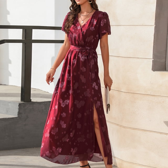 SMihono Robe Maxi Bohème d'Été pour Femmes Grande Taille Robe Longue à Manches Courtes Col en V Fendue Robe de Plage