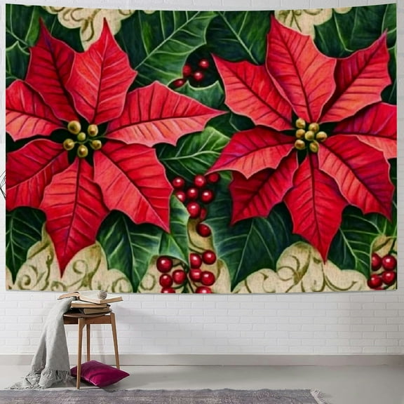 BCIIG Poinsettias Holly Leaves Vines Tapestry Wall Hanging Unique Style for Home Wall Decor Art Living Room Bedroom Dorm Christmas Decoration Short Plush Holiday Theme 40x30inch