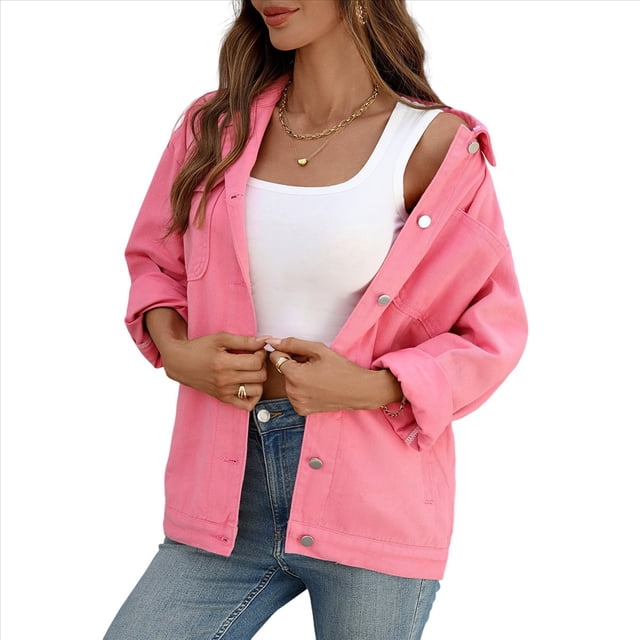 Chaqueta Vaquera Informal de Larga con Solapa y Botones para Mujer, Estilo Boyfriend, Holgada, A . Rosa L