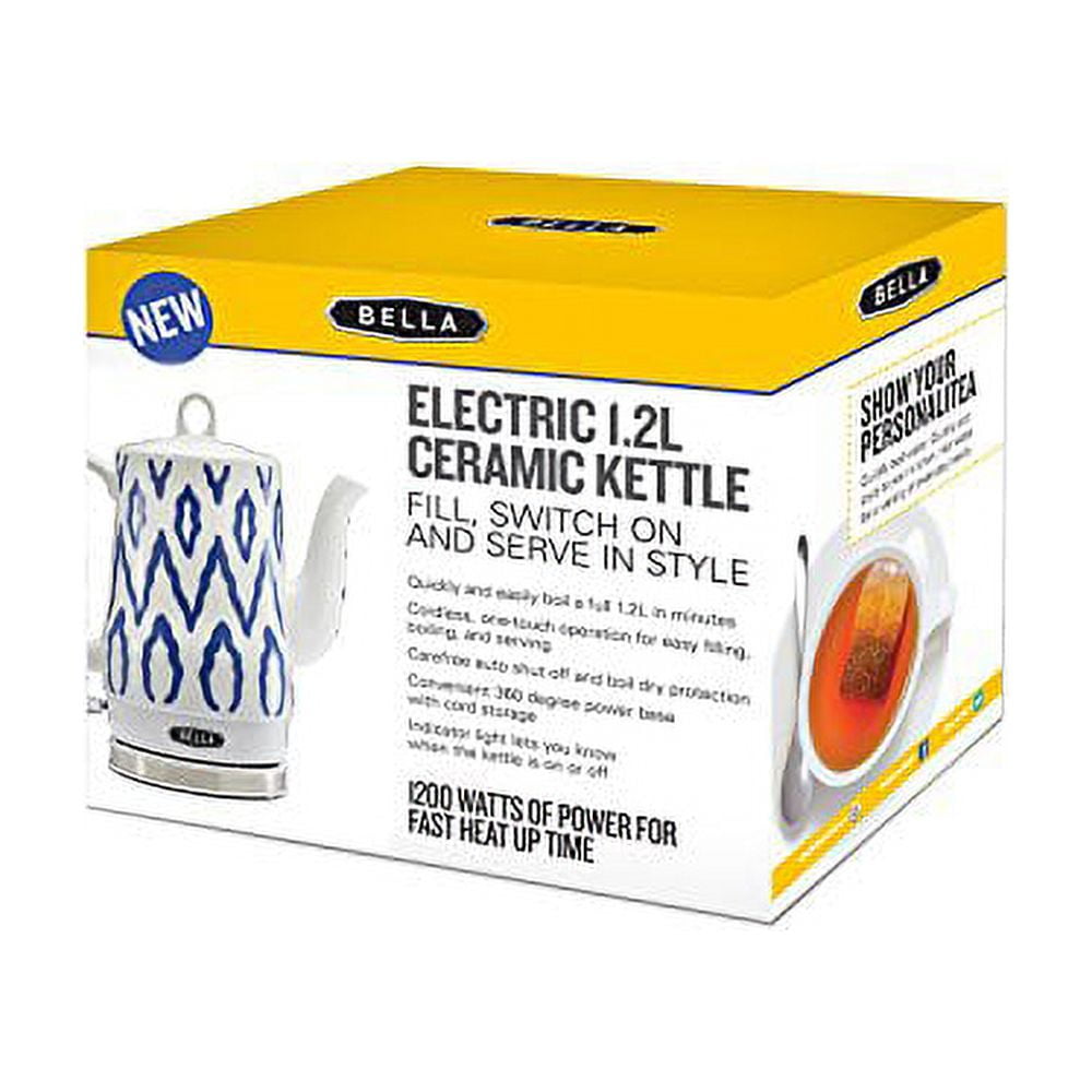 BELLA Blue Aztec 1.2 Lt Electric Ceramic Tea Kettle Detachable Base & Boil  Dry
