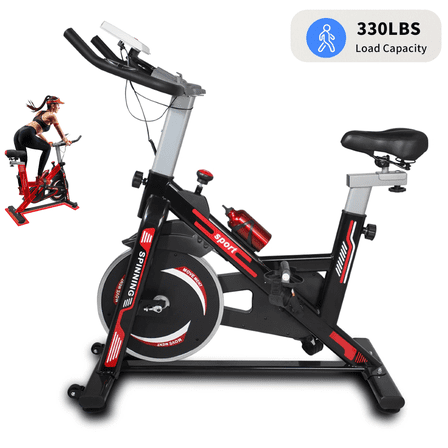 LuckyNote Indoor Exercise Bike, Stationary Cycling Bike with LCD Display, 30lb Flywheel & Adjustable Seat, Black Red