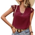 thumbnail image 1 of Camiseta con cuello en V para mujer, empalme de encaje, cierre de correa sin espalda, manga corta, camiseta informal de verano, rojo vino XL, 1 of 6