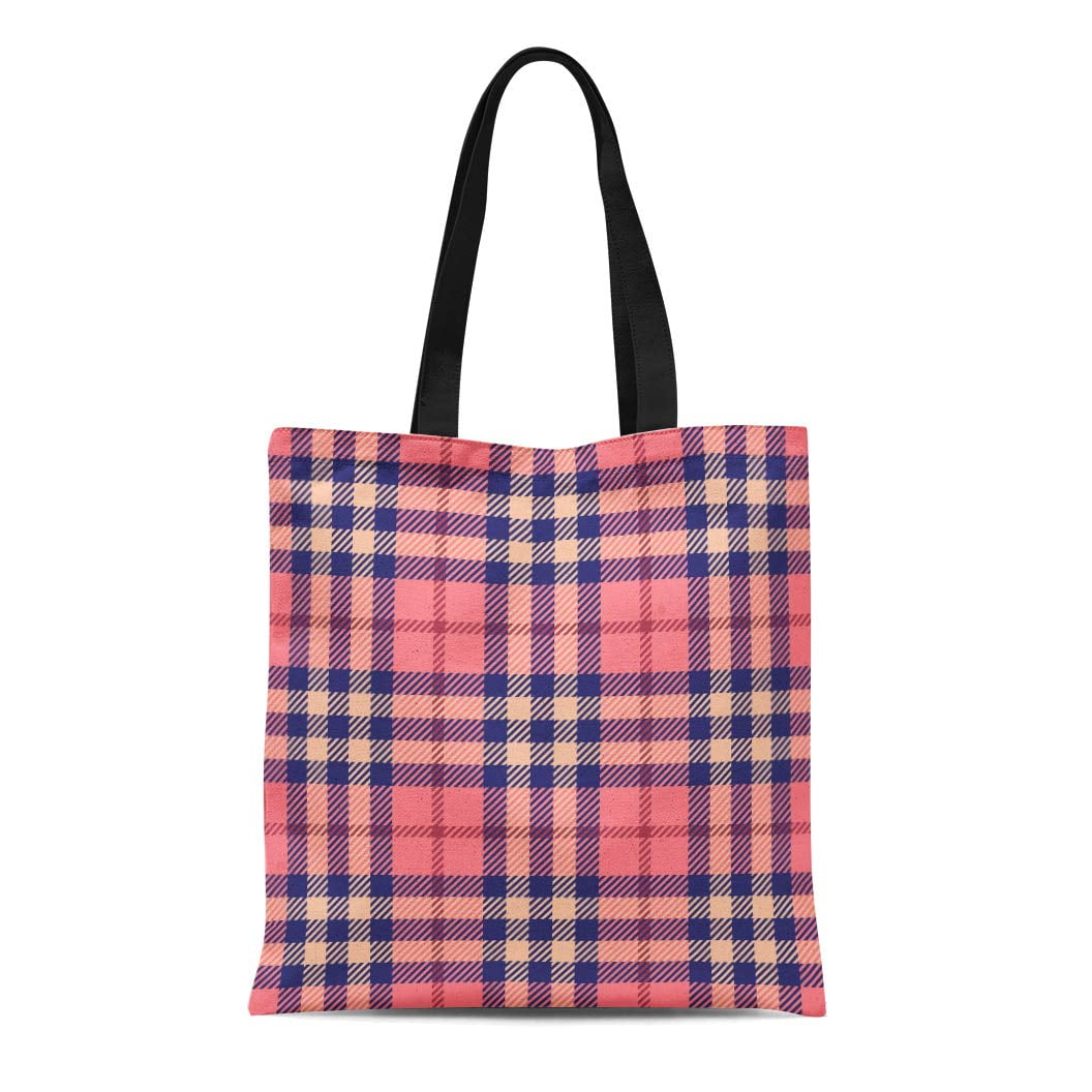 Laddke Canvas Tote Bag Blue Plaid Tartan Pattern Pink British Scottish Abstract Britain Durable Reusable Ping Shoulder Grocery