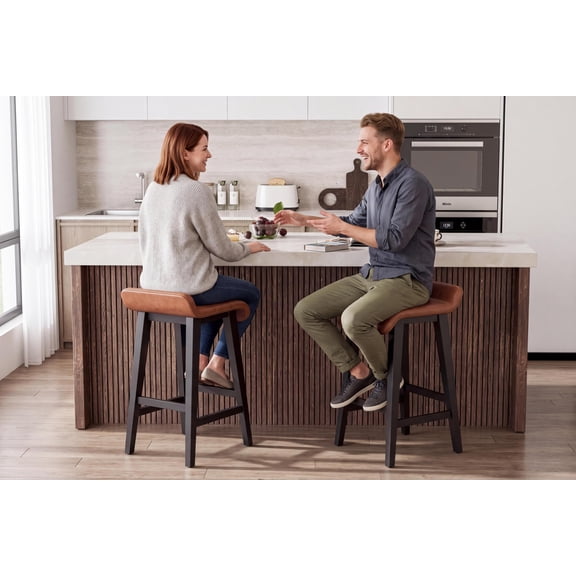 Set of 2 Counter Height Bar Stools, 26.2 Inch Modern Low Back Kitchen Stools with Footrest, Upholstered Cushion & Solid Wood Legs, Dining Chair for Kitchen Counter Dining Room,Brown