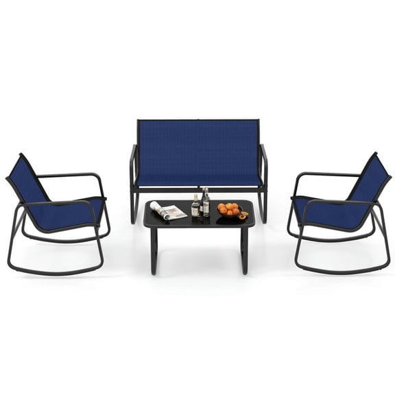 Spaco 4 Piece Patio Rocking Set with Glass-Top Table, Patio Conversation Set for Outdoor as Garden, Yard, Navy
