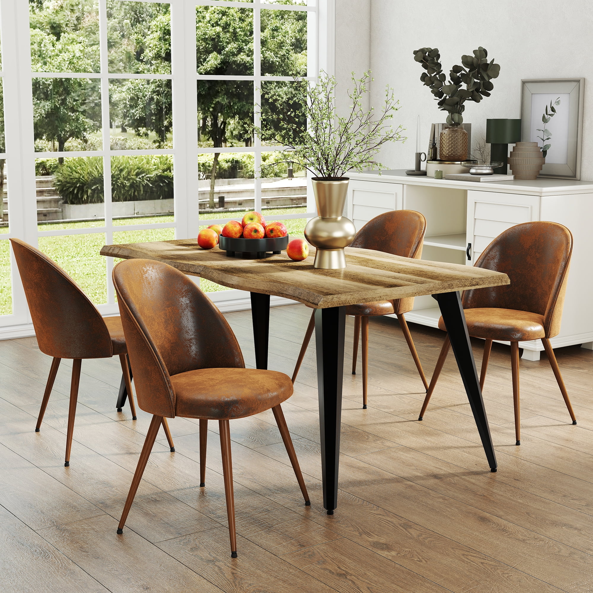 Ensemble table à manger Homy Casa 160 cm avec 1 table et 4 chaises à dossier haut, plateau en noyer moderne à bords ondulés, revêtement en similicuir brun