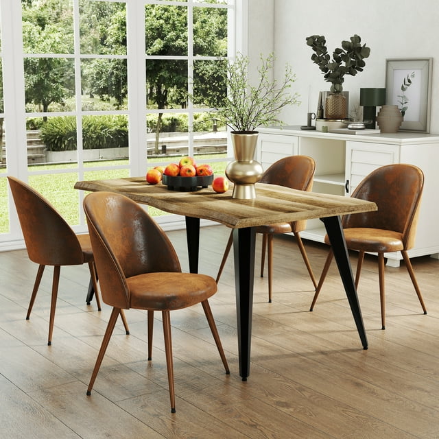 Homy Casa 63 inch Dining Table Set with 1 Table and 4 High-Back Chairs, Modern Walnut Wave Edge Tabletop, Brown Faux Suede Upholstery