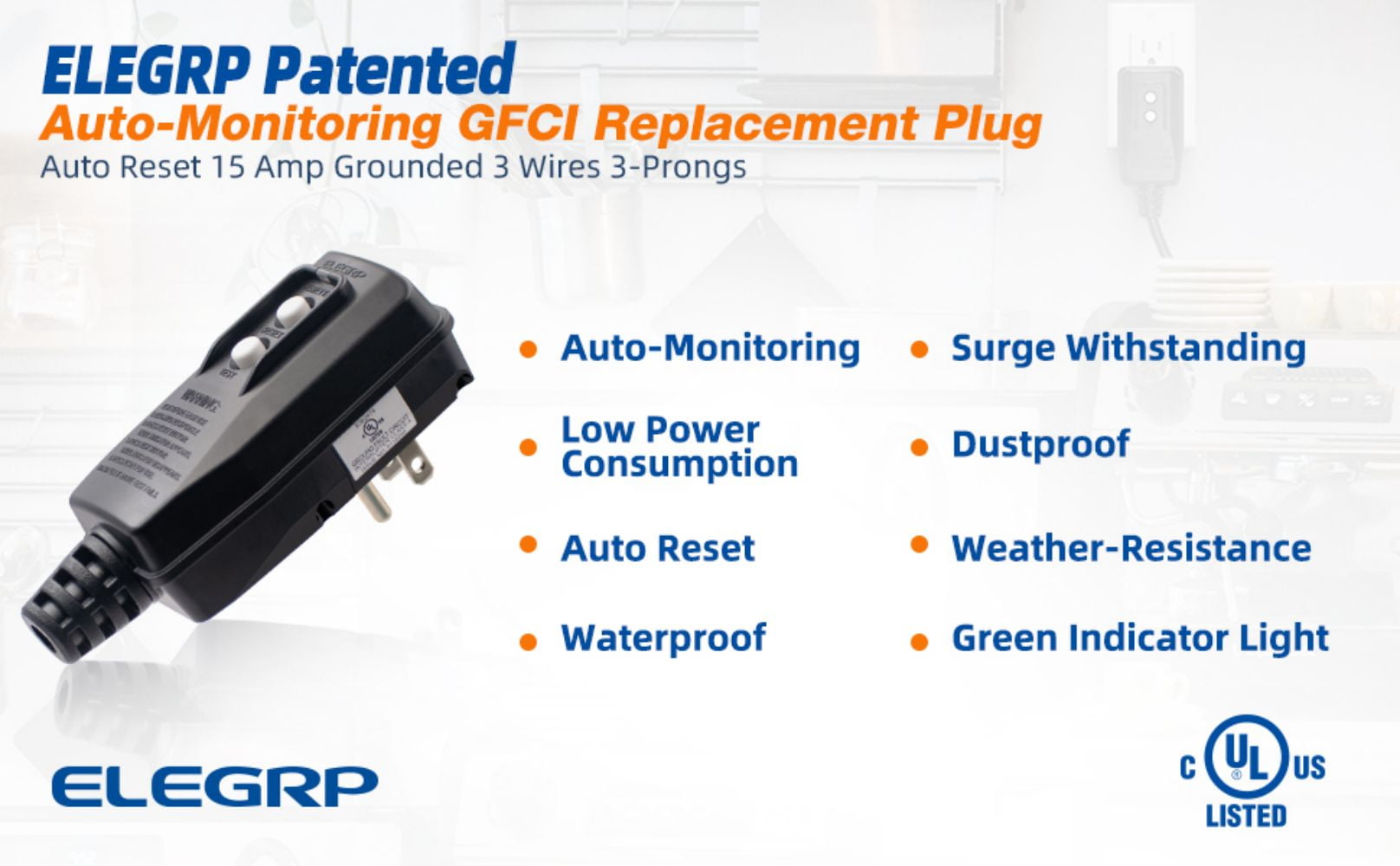 ELEGRP G1215PA G20PASR Patented Auto-Monitoring GFCI Replacement Plug Assembly, Auto Reset 15 Amp Grounded 3 Wires 3-Prongs for Power Pressure Washer, Pool Pump etc, UL Listed, 1 Pack, Black
