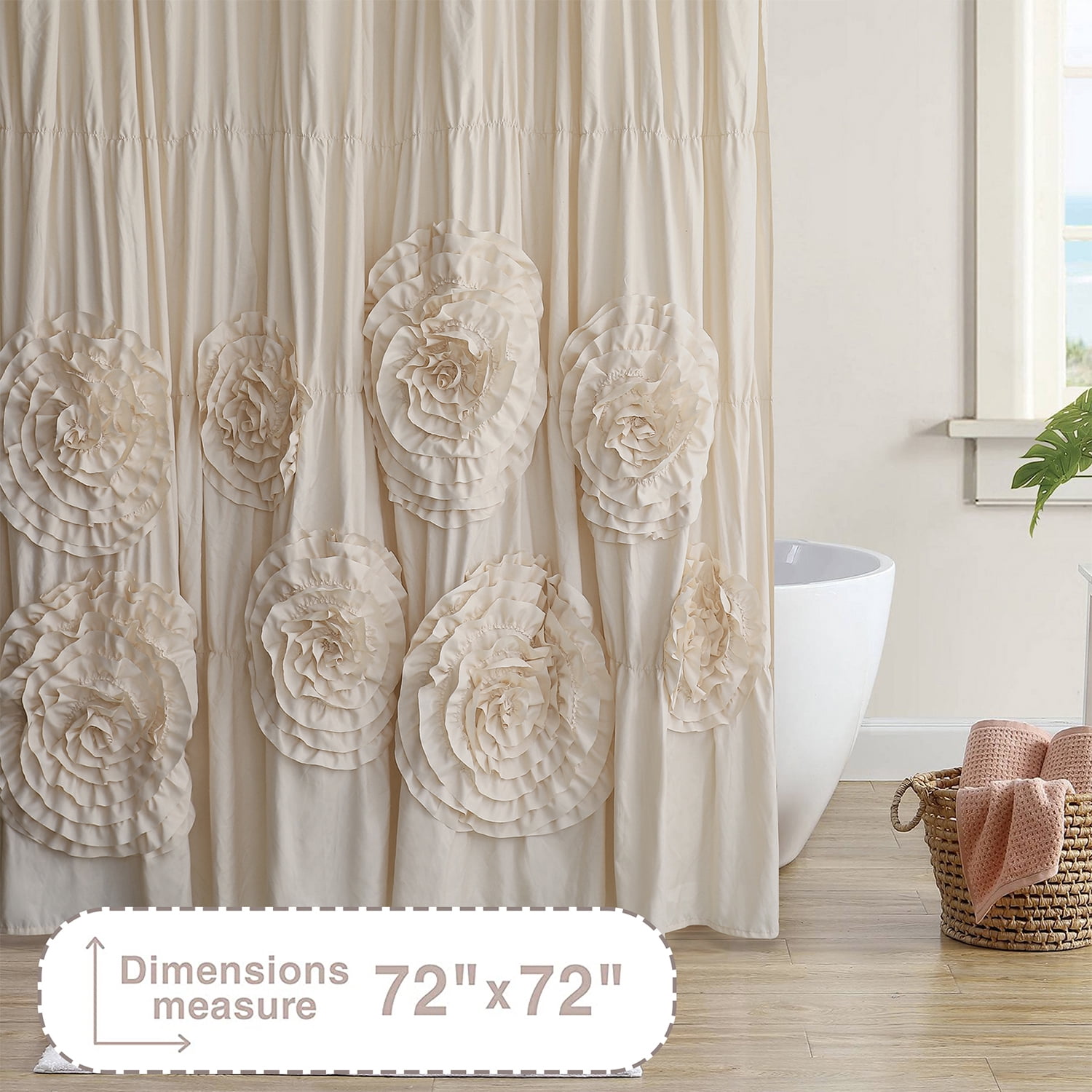 HIG Boho Ruffled Shower Curtain - Oversized Floral Print, Heavy Fabric with Elegant Draping for Bathroom, 72"x72", Camel