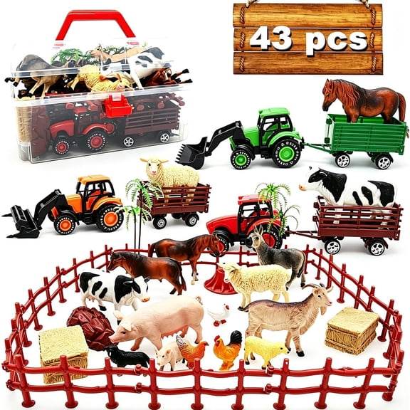Farm Toy Playset 40Pcs with 3 Tractors, Animal Figures & Fence, Farmer Vehicle Set for Toddlers Ages 3