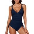 thumbnail image 3 of MSJUHEG Ruched Monokinis,1 Piece Swimsuit,Women's One-piece Swimsuits,Tummy Control Bathing Suits,High Waisted Bathing Suit,Tie Side,V Neck Blue 1 XL, 3 of 5