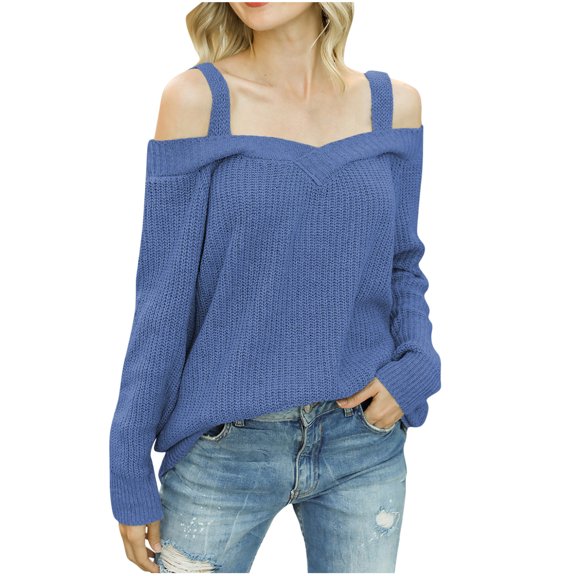 Aoochasliy Womens Sweaters Pullover Clearance Trendy Solid Color Strapless Pullover Loose
