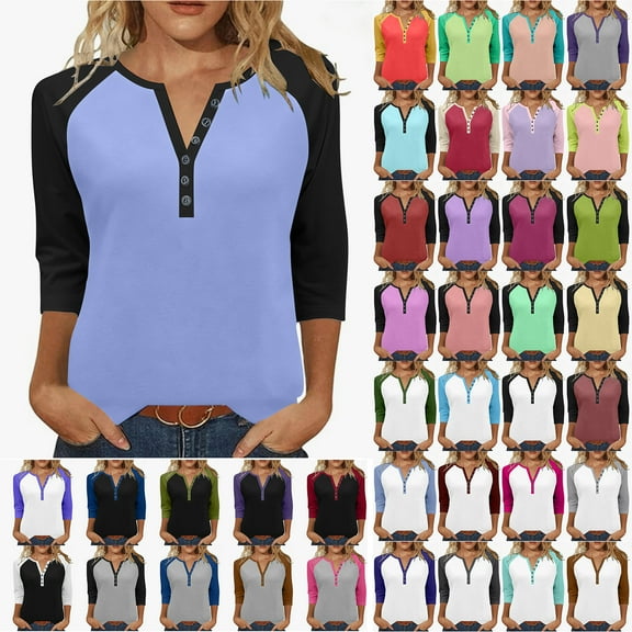 Otntypg Fall Henley Shirts for Women Dressy Casual Button V Neck Raglan 3/4 Length Sleeve Jersey Baseball T-Shirts Loose Soft Cotton Sport Athletic Basic Tee Tops Red#02 L