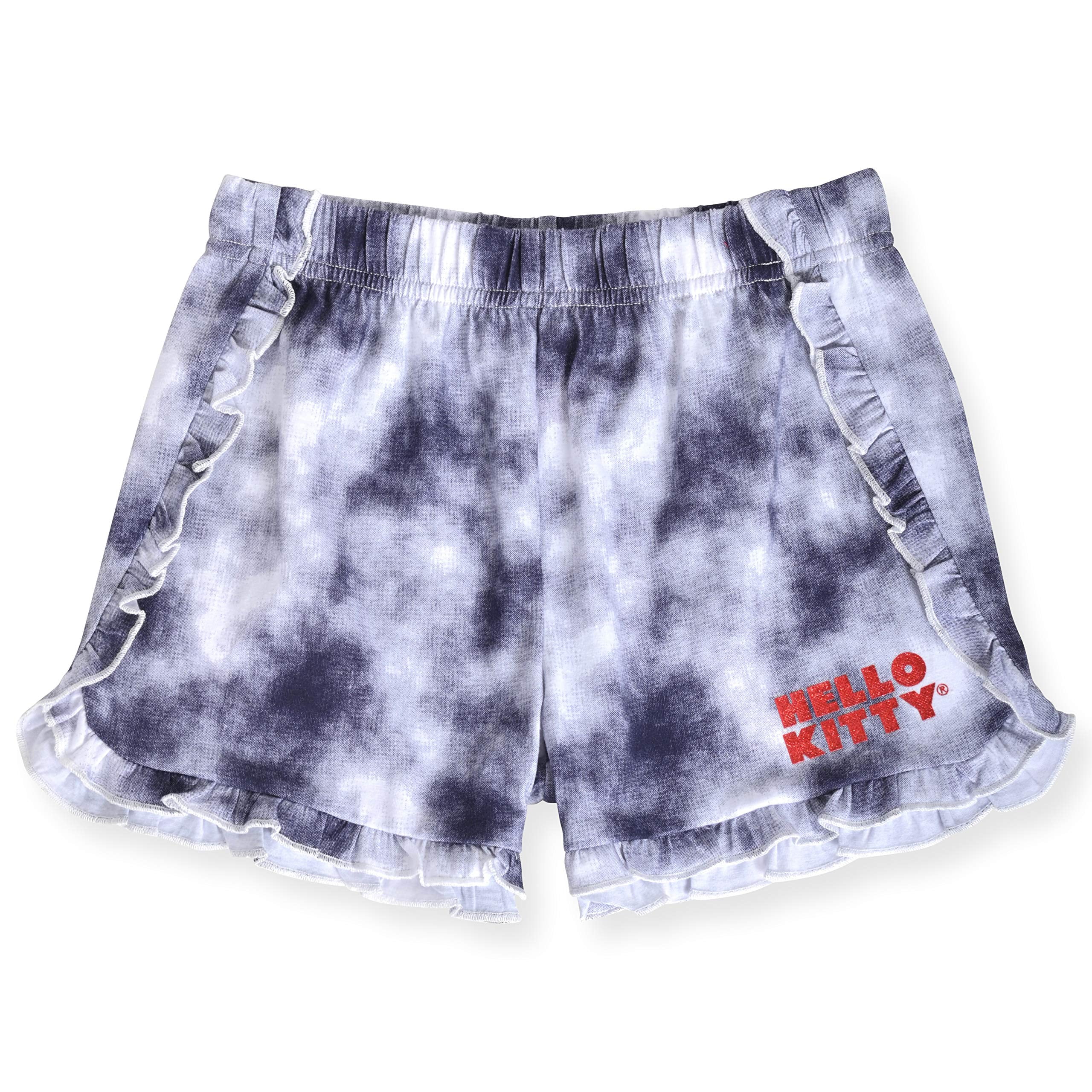Hello Kitty Girls 2-Piece Fashion Tee Shirt and Active Short Set with Tie Front Top and Fashion Dolphin Shorts Summer Clothes for Little Girls (Blue Tie Dye, 5/6)