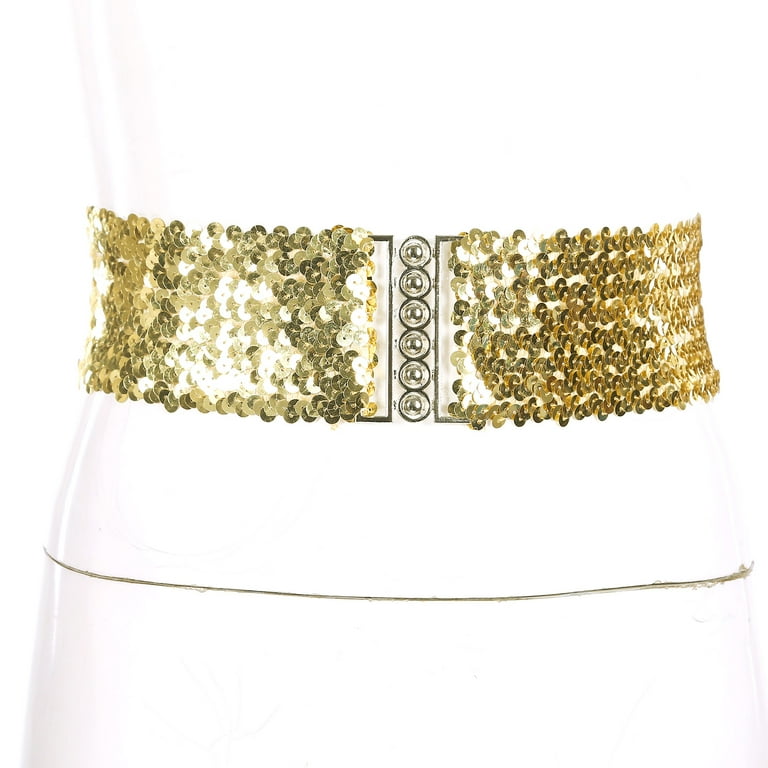 gold sequin belt for dress HULIJA Womens Shiny Sequin Elastic Girdle Belt Wide Decorative Dress Belt  with Hemispheric Fastener Gold One Size