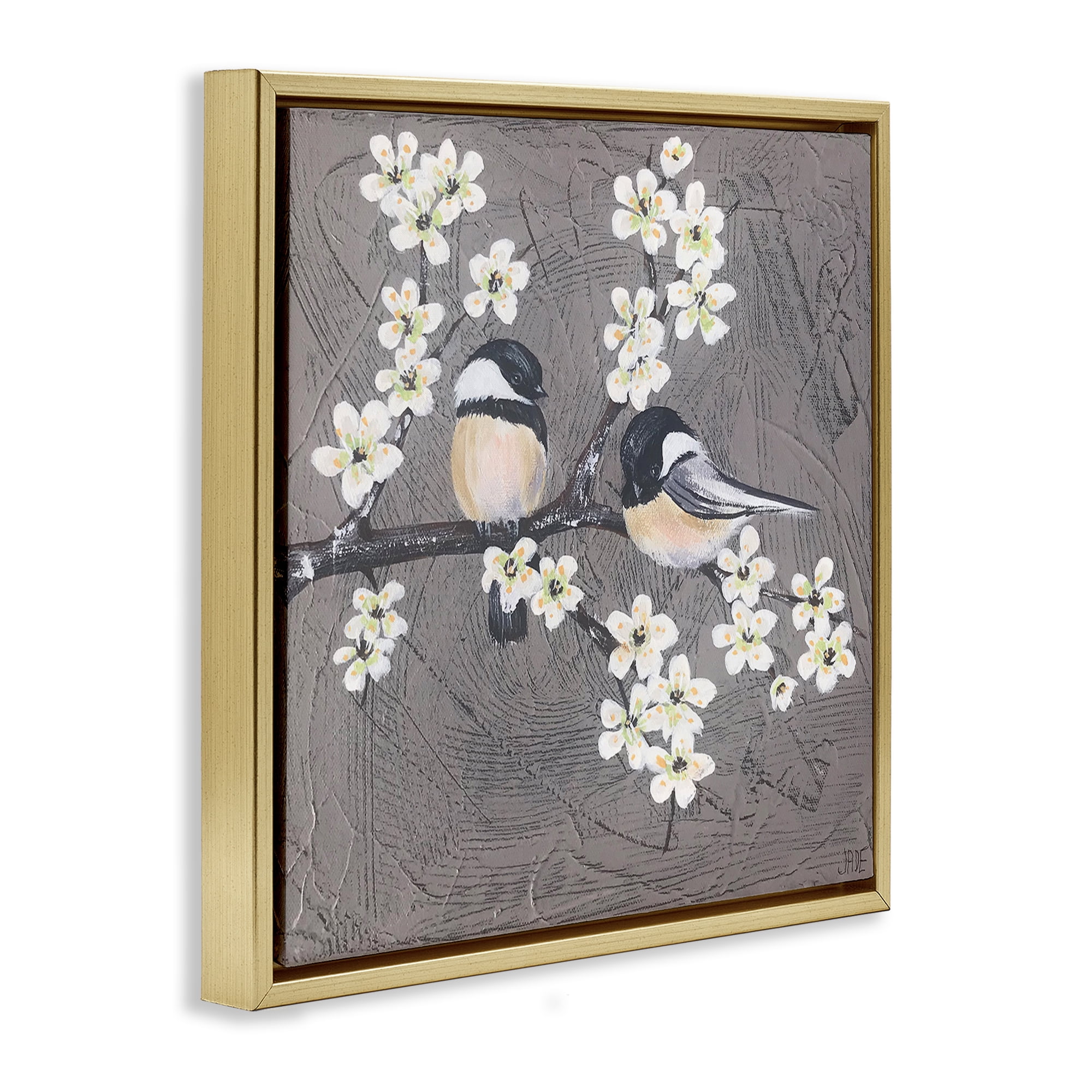Stupell Industries Bird Pair on Branch Animals & Insects Painting Gold Floater Framed Canvas Art Print Wall Art, 18 x 18