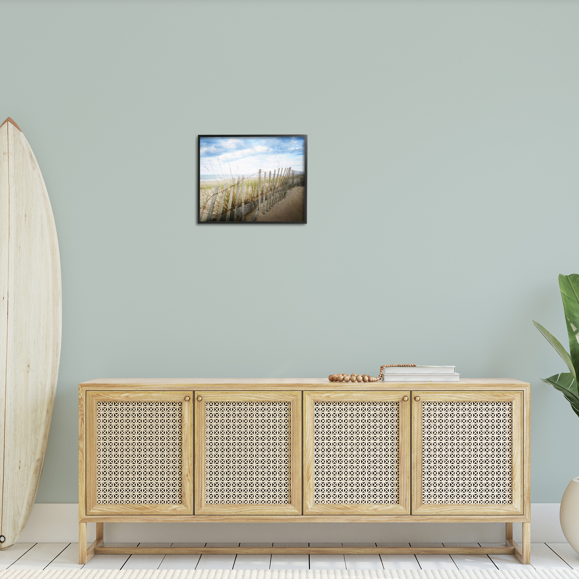 Stupell Industries Summer Beach Fence Landscape Painting Black Framed Art Print Wall Art, 20 x 16