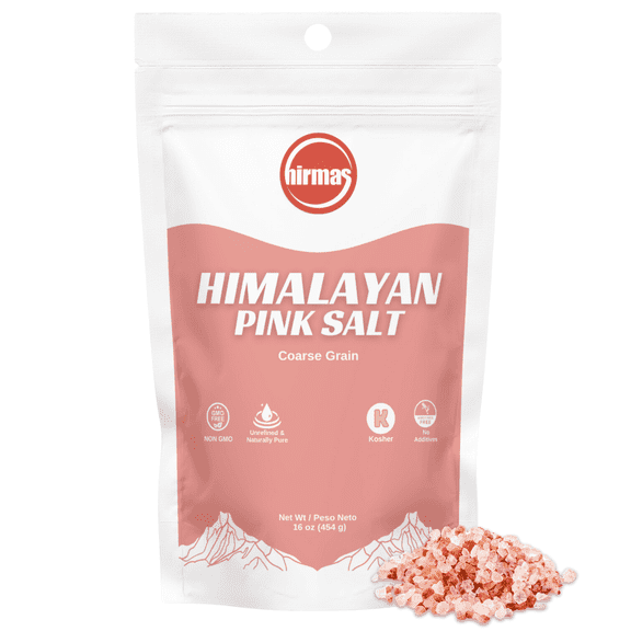 Hirmas Pink Himalayan Salt- 16 Oz Resealable Bag |100% Natural | Coarse Grain for Grinder Refill|Naturally Pure Cyrstal Salt| Unrefined | Kosher | Table Salt| Vegan | Gluten Free