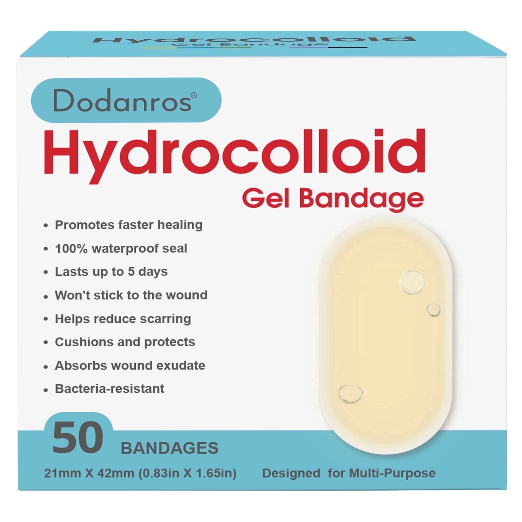 Advanced Fast Healing Hydrocolloid Gel Bandages, Adhesive Wound Care Pads, 0.83 x 1.65 in, 50 Count