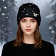 thumbnail image 2 of HNMKIU Women's Light Pearl Knitted Pullover Hat Big Head Circumference Ear Warmer Winter Hats for Women 01_Black，One Size, 2 of 4