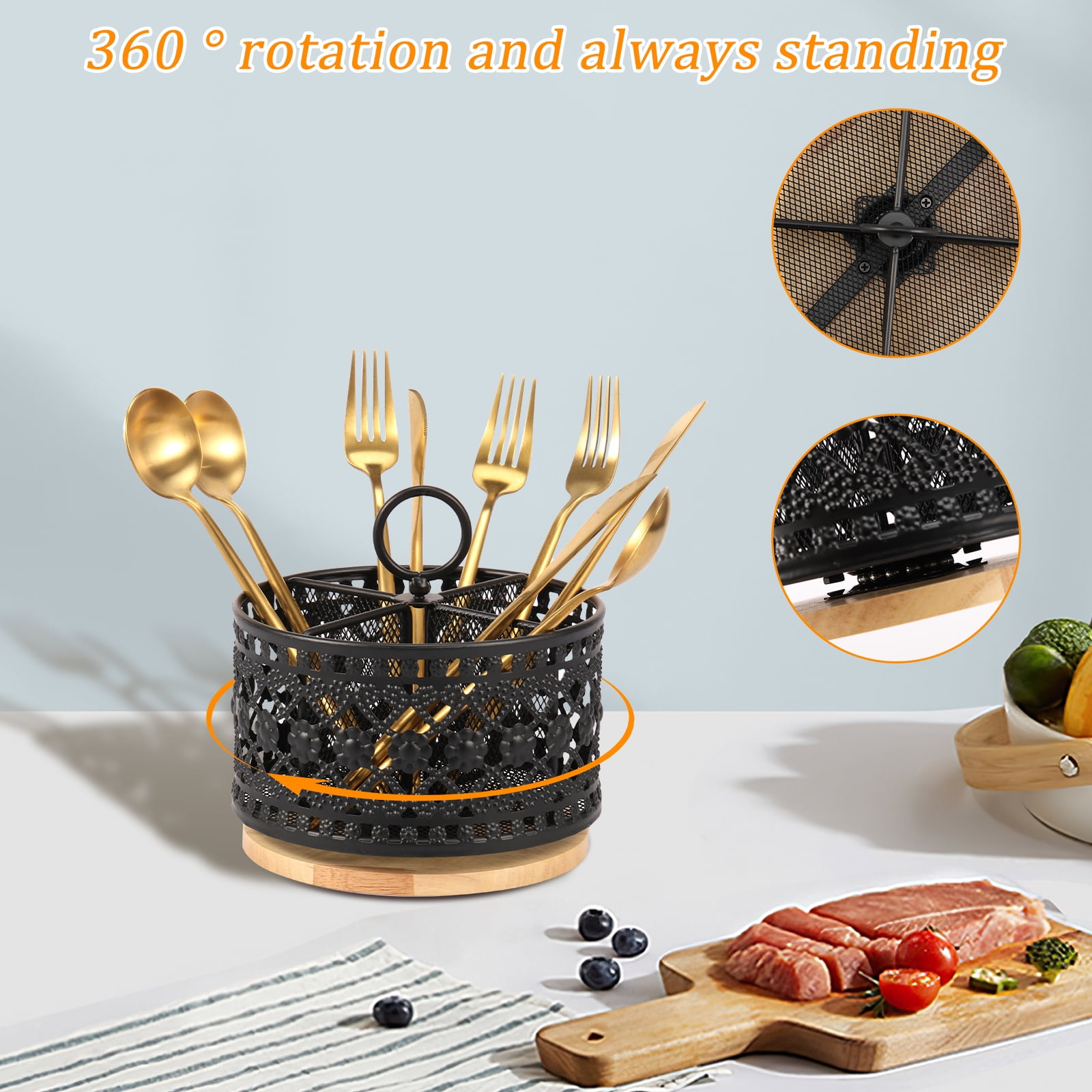 Tzdxfgl 360° Rotating Metal Utensil Holder for Countertop, 4 Compartment Silverware Organizer, Black