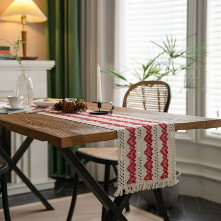

Nvzi -b table flag cotton linen striped two-color splicing woven tassel natural material table flag desktop decoration (red 140 * 30cm)