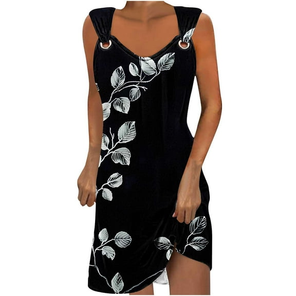 Hxshgdsn Summer Tank Dresses for Women Beach Boho Sleeveless Vintage Floral Flowy Tshirt Casual Sundresses,Black,XL