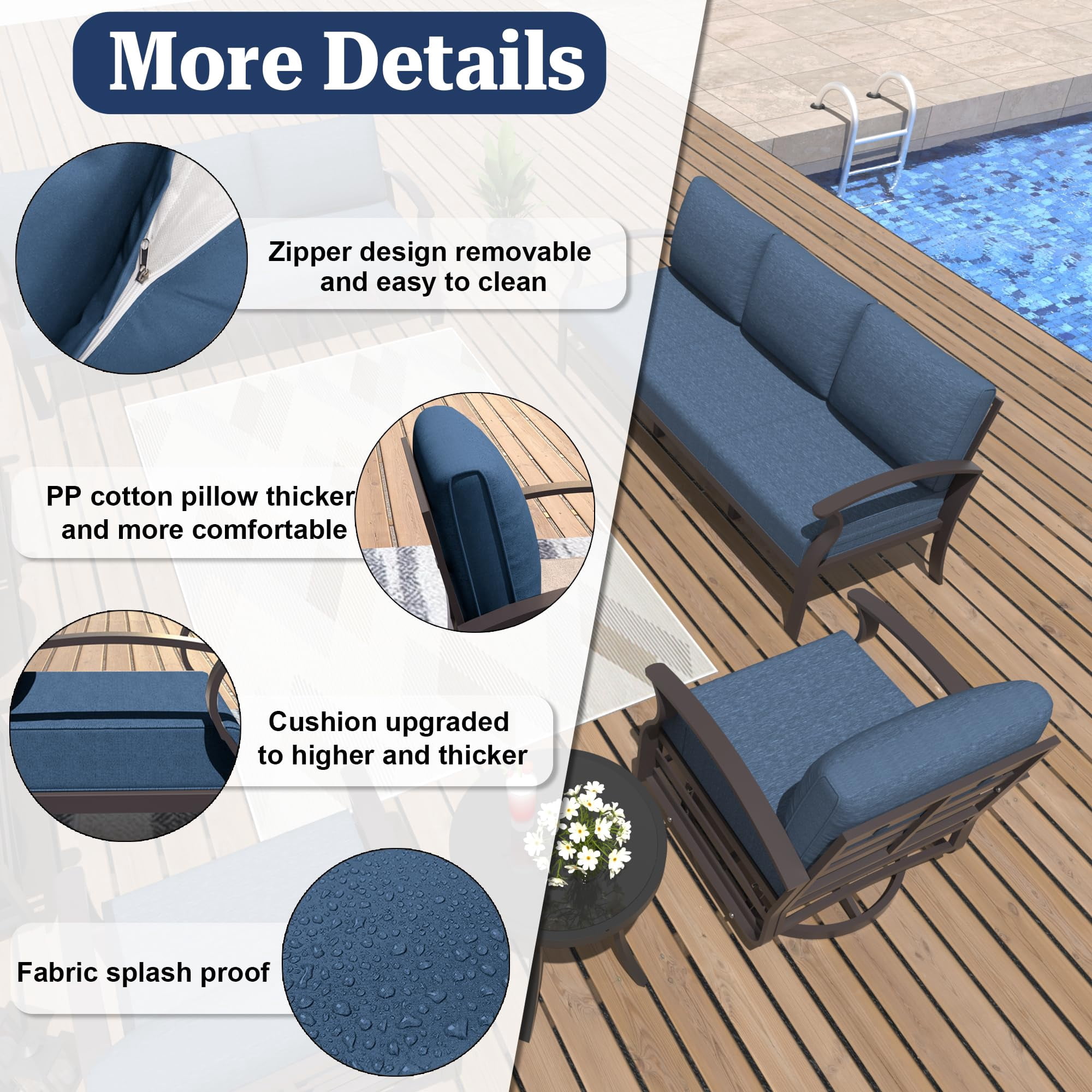 ALAULM Aluminum 3-Seat Patio Furniture Set, Outdoor Patio Conversation Set with 5.1" Cushions for Patio Backyard Poolside, Navy Blue