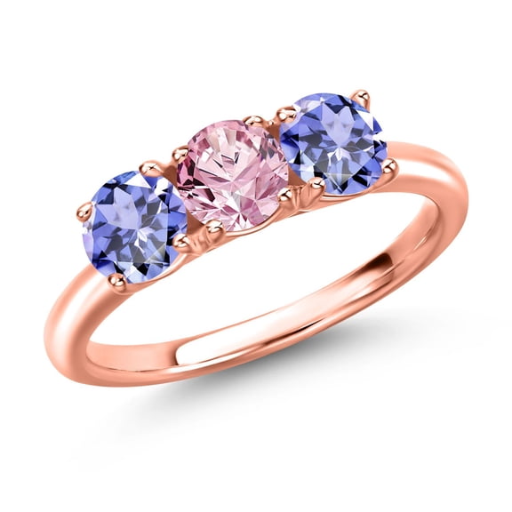 Gem Stone King 18K Rose Gold Plated Silver Pink Lab Grown Diamond and Blue Tanzanite Engagement Ring for Women | 1.42 Cttw | Round 5MM | Gemstone April Birthstone | Size 8