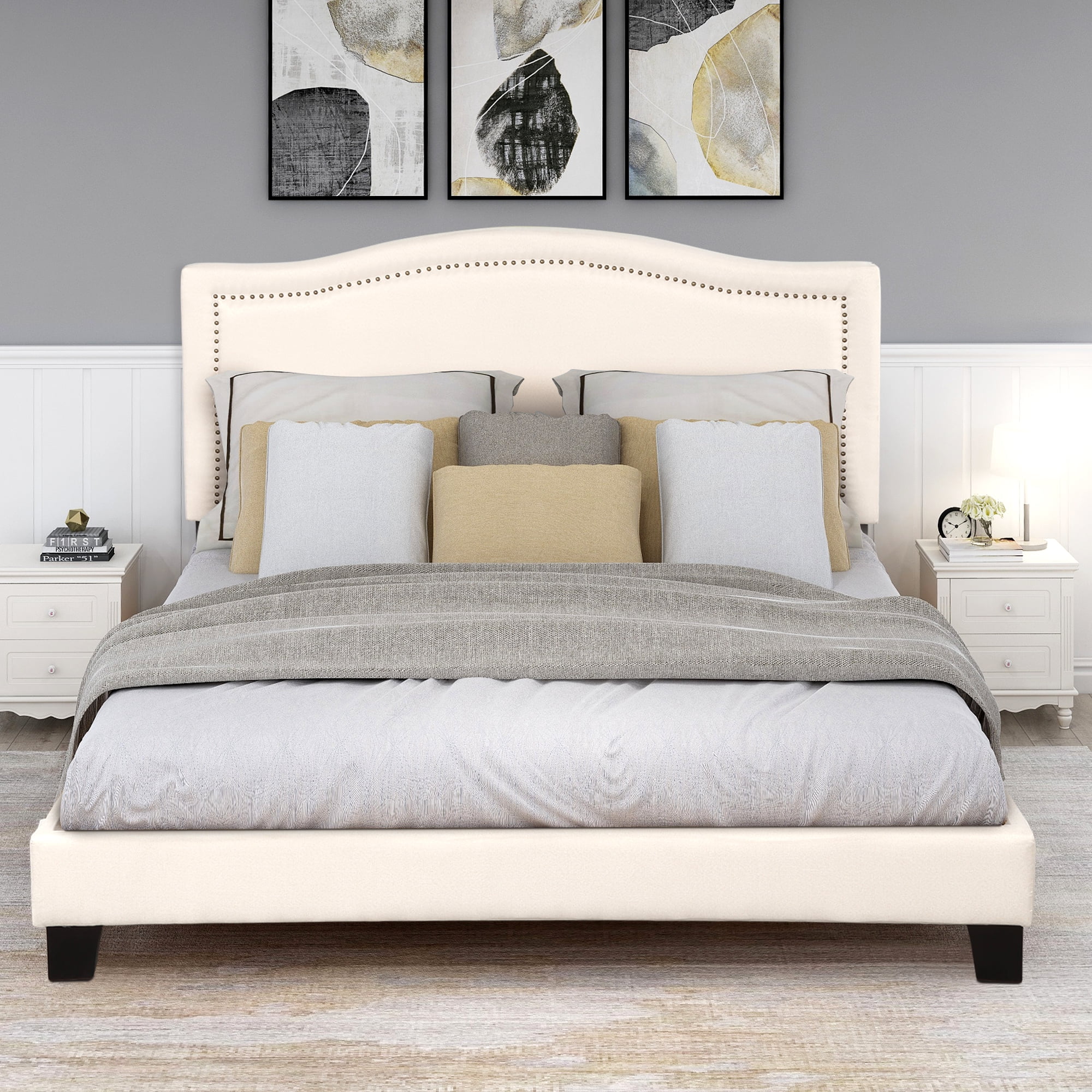 Queen Size Platform Bed Frame, Upholstered Linen Bed Frame w/Headboard