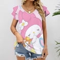 thumbnail image 2 of Kuromi And My Melody Womens Summer Tops Ruffle Short Sleeve Tunic Tops V Neck Loose Fit Flowy T-Shirts, 2 of 7