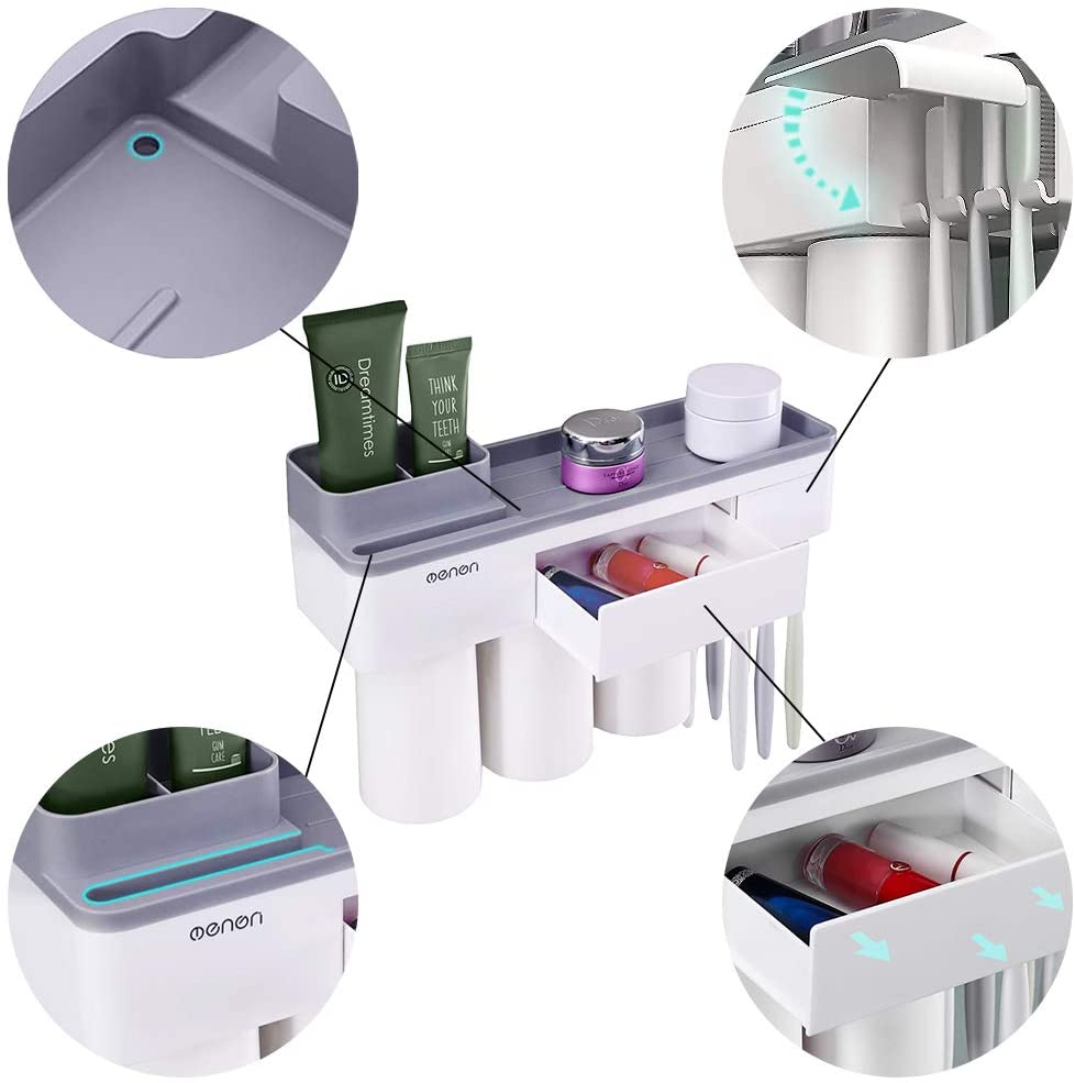 LIANTRAL Toothbrush Holder with Germ Protecting Cover and Multifunctional Bathroom Organizer Suction Pad Wall Mount for Bathroom