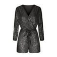 thumbnail image 5 of Lenpel Women's Sequin Rompers Sparkly Wrap V Neck Belted Lantern Long Sleeve Short Jumpsuits Party Club Dance Outfits, 5 of 5