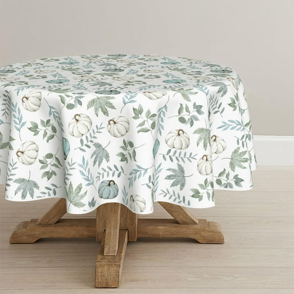 Fall Tablecloth 60x60 Inch Round, Thanksgiving Autumn Harvest Blue Pumpkins and Leaves Table Cover for Party Picnic Dinner Decor
