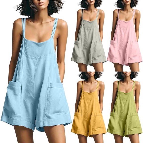 Lcziwo Cotton Shorts Jumpsuits for Women Spaghetti Strap Wide Leg Loose Overalls Summer Vacation Casual Trendy Tank Rompers with Pockets Yellow,M