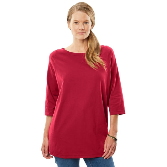 Woman Within Plus Size Perfect Three-Quarter Sleeve Boatneck Tee