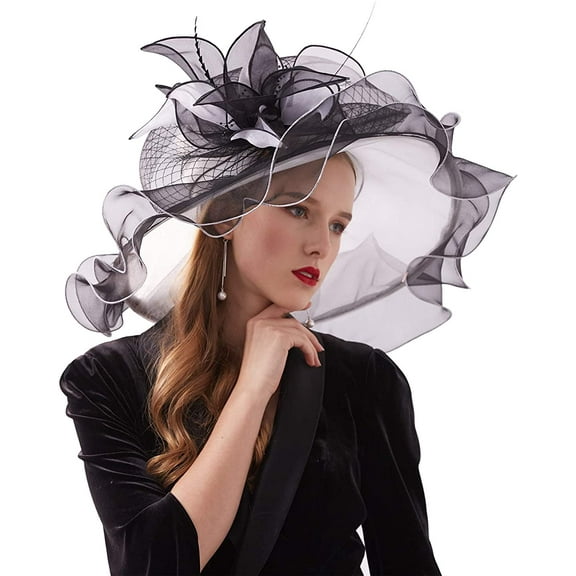 Women Derby Church Hat Organza Flower Wedding Tea Party Fascinator Hat Wide Brim Sun Hat